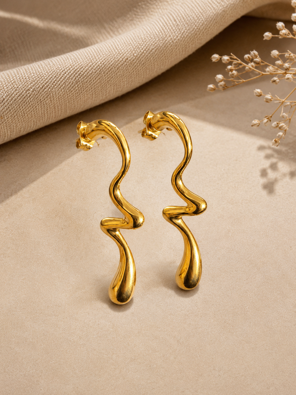 Sculpted Wave Gold Drop Earrings