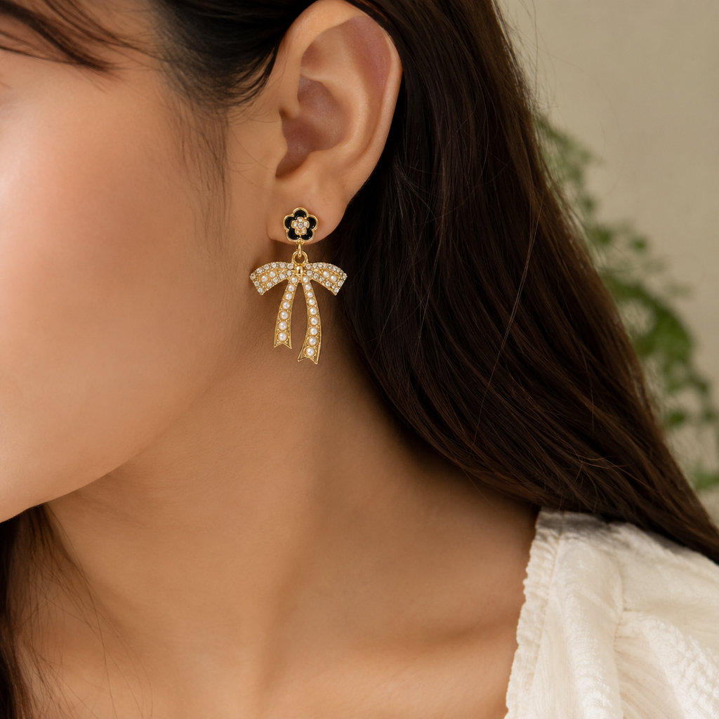 Elegant Bow Pearl Drop Earrings