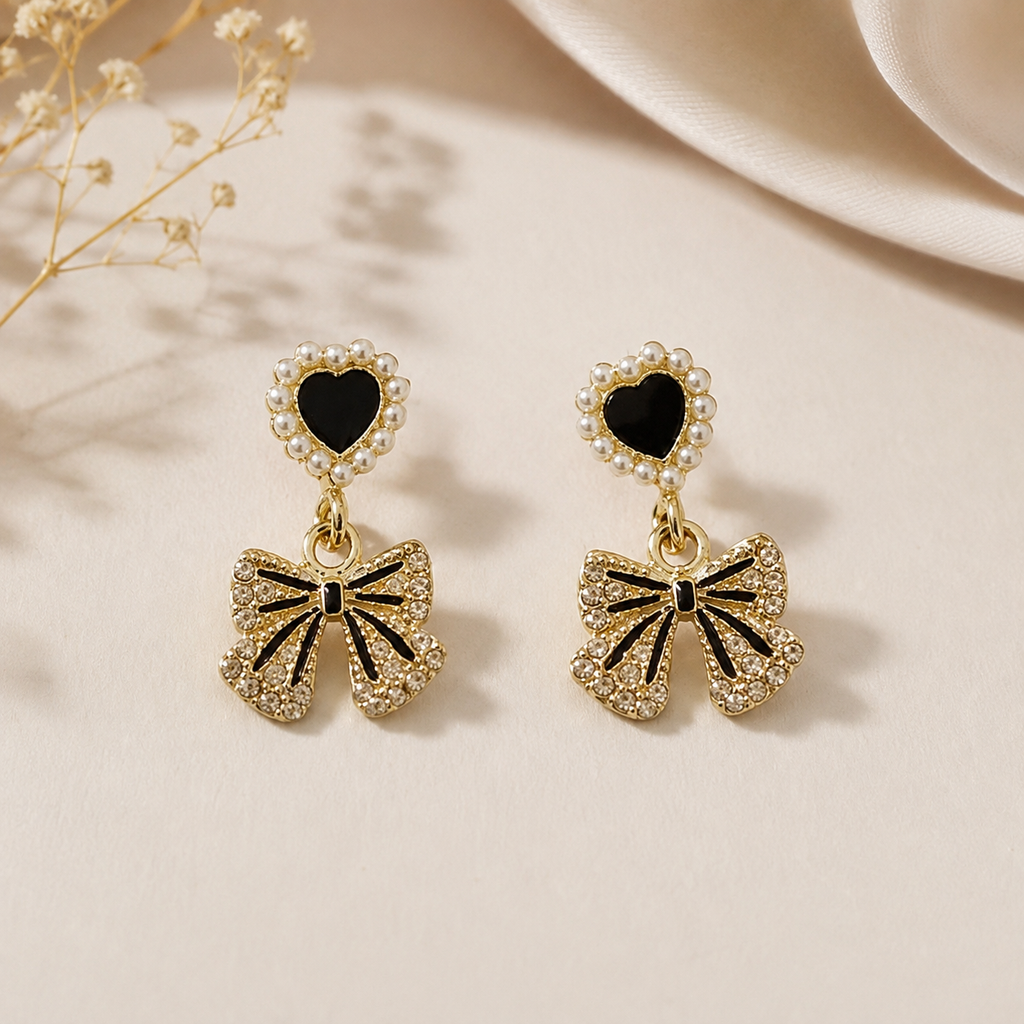 Black Heart Bow Earrings