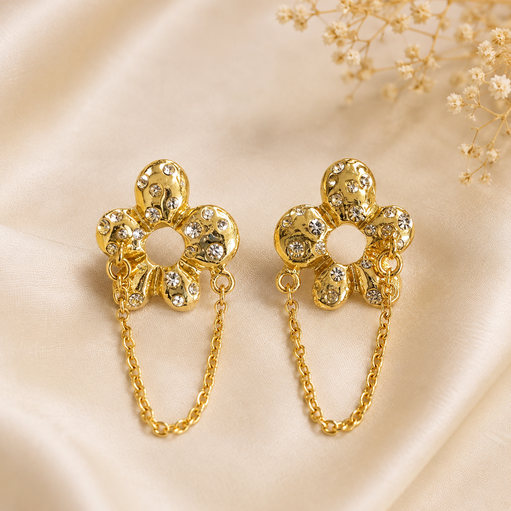 Five-Petal Crystal Flower Chain Earrings