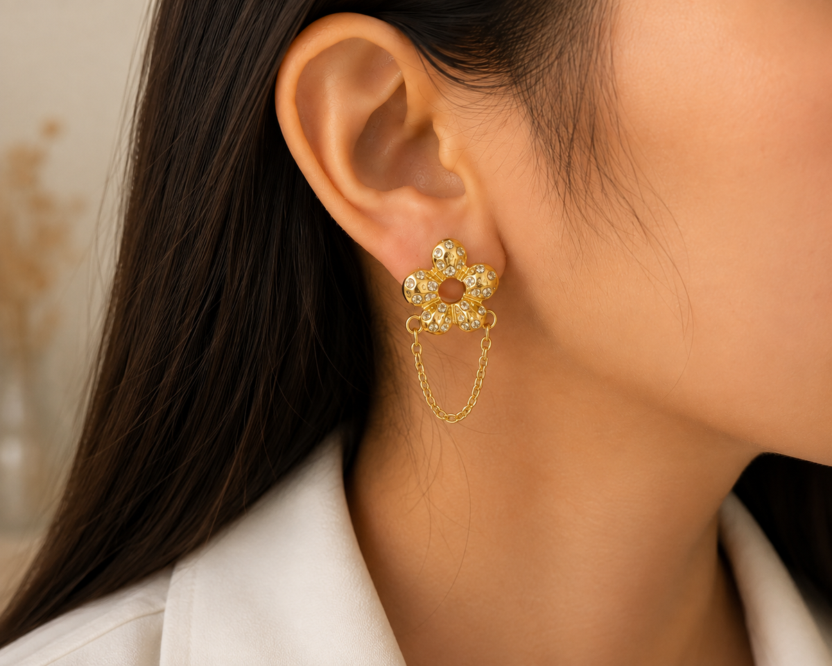 Five-Petal Crystal Flower Chain Earrings